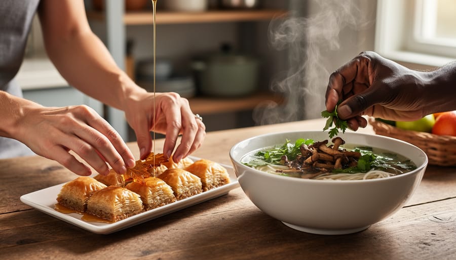 Two pairs of hands of different skin tones plate maple-syrup–drizzled baklava next to a steaming bowl of pho garnished with wild mushrooms and herbs on a wooden table in a warm Canadian home kitchen, with soft window light and blurred shelves and produce behind.