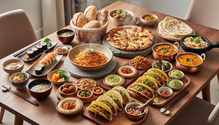 Overhead view of diverse cultural dishes arranged together on wooden table