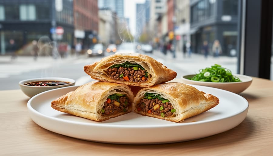 Close-up of Jamaican-Chinese fusion patty cut open showing spiced filling