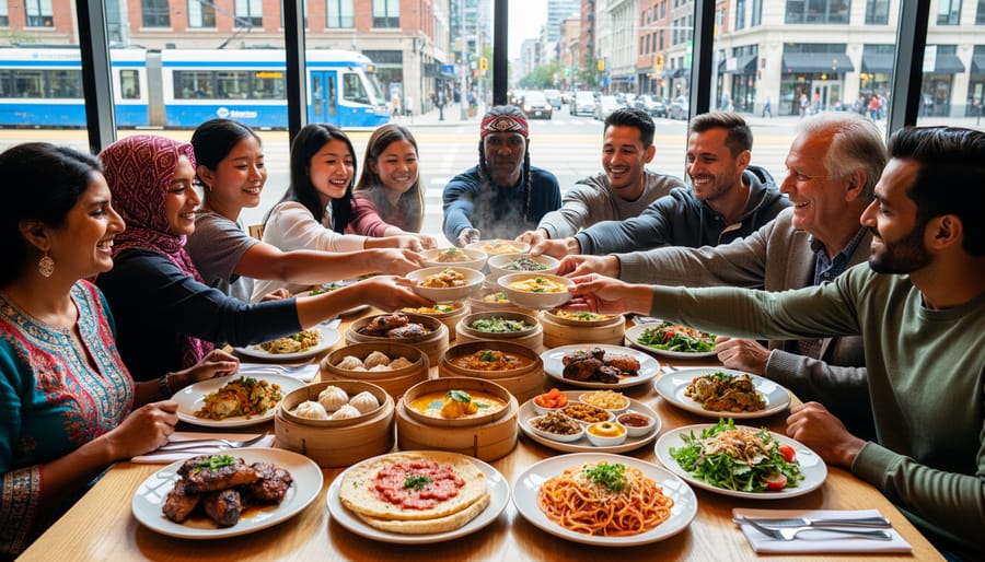 Diverse hands sharing multicultural dishes at communal dining table