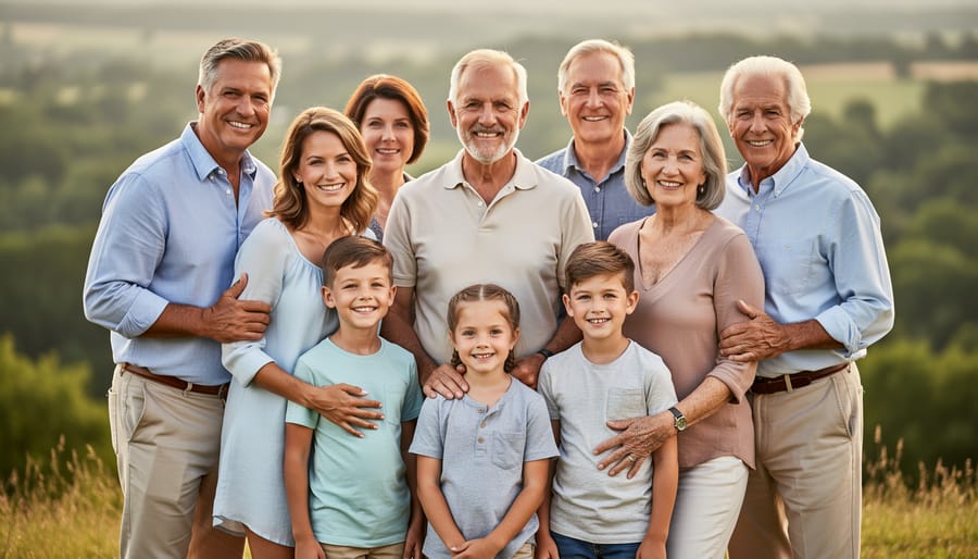 Family portrait of four people standing together outdoors in golden hour light with a blurred park background.