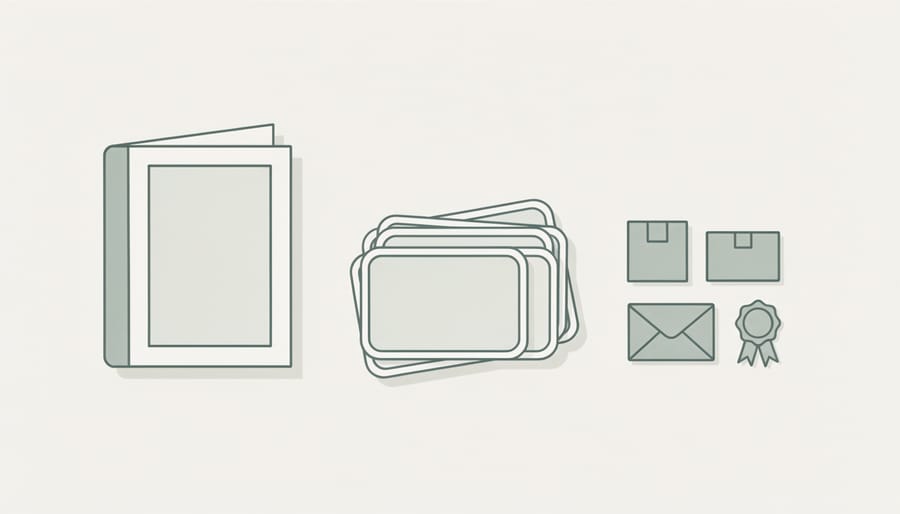 Close-up of a photographer’s hands placing finished portrait prints and a USB drive into a presentation sleeve on a wooden desk.