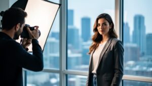 Photographer and client during a Toronto portrait photography session with soft studio lighting and a blurred city-inspired background.