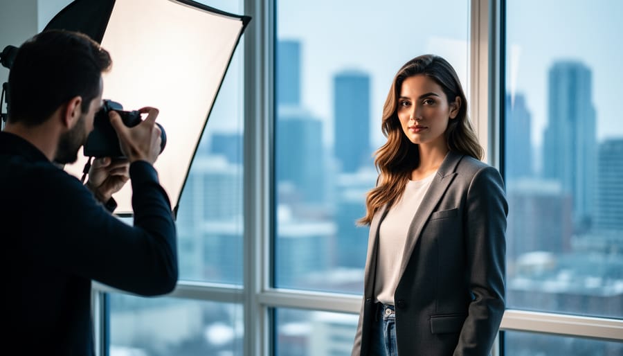 Photographer and client during a Toronto portrait photography session with soft studio lighting and a blurred city-inspired background.