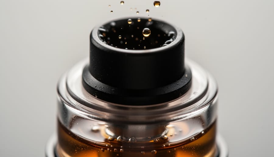 Macro close-up of a vape device mouthpiece and tank with visible internal materials by reflection.
