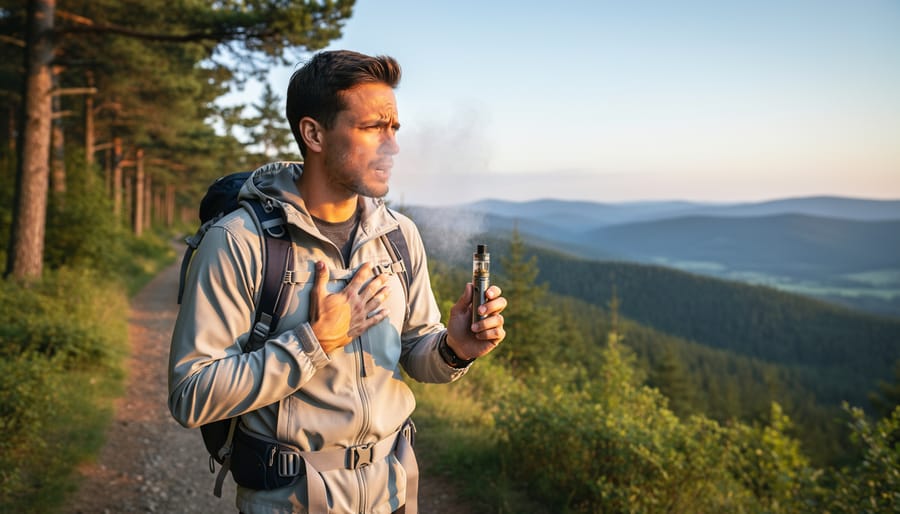 Outdoor traveler holding a vape device on a hiking trail during golden hour.