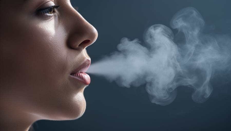 Person exhaling faint vapor in soft window light, captured in a side-profile view.