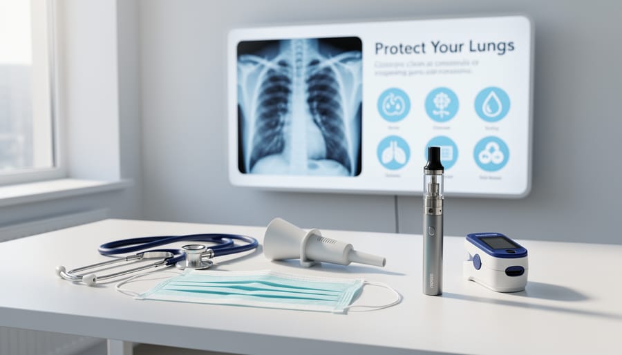 Stethoscope on a wooden surface near a face mask with a softly blurred clinic background.
