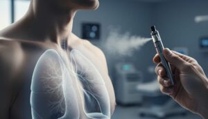 Close-up cinematic image suggesting vaping aerosol moving toward lung anatomy, conveying potential irritation and inflammation risk.