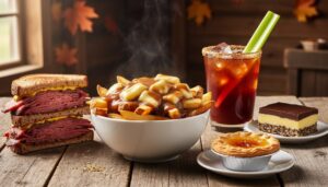 Canadian comfort foods arranged on a wooden table, including poutine, a smoked meat sandwich, a butter tart, Nanaimo bar, and a Caesar cocktail.