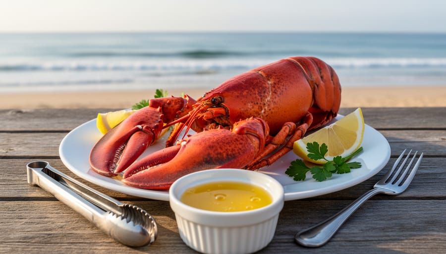 Atlantic lobster served with melted butter on a seaside table