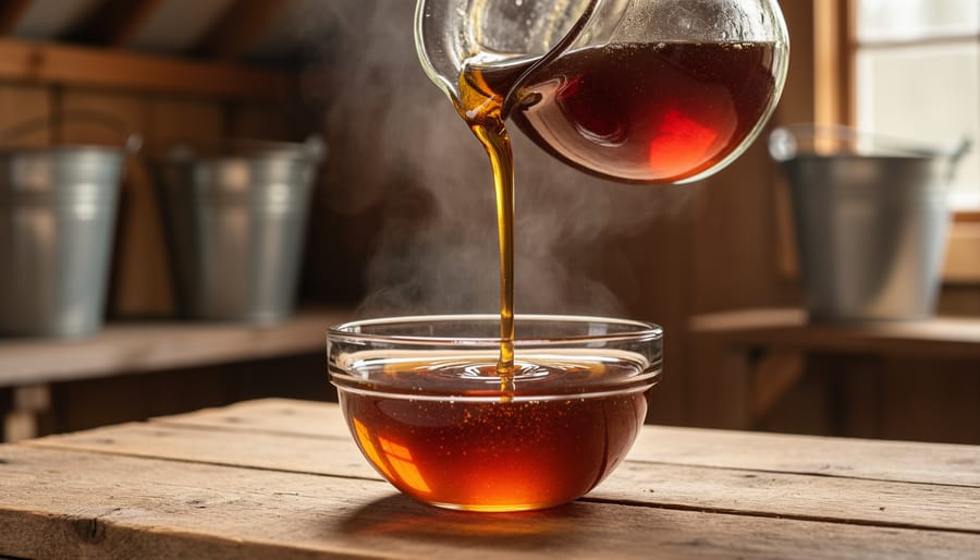 Amber maple syrup being poured from a spout into a glass bowl with a rustic background