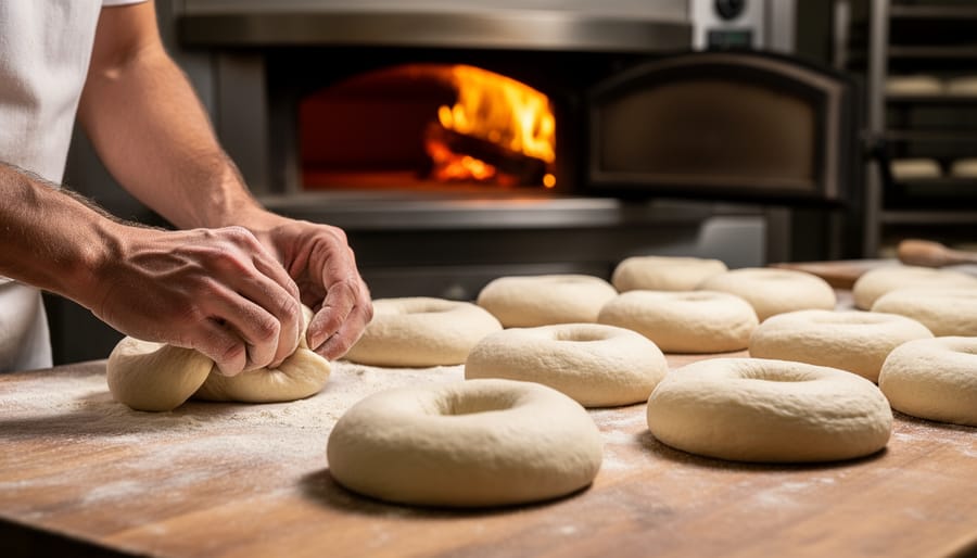 Baker’s hands shaping dense bagel dough in front of a wood-fired oven