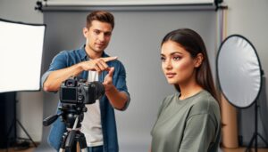 Photographer directing a model for a studio portrait session with a softbox light and camera on a tripod in the background.