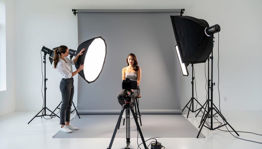 Person being photographed for a portrait with a reflector and soft lighting in a studio-like setup