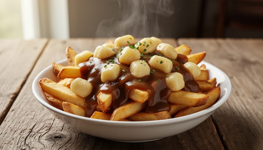Quebec-style poutine with fries, cheese curds, and gravy served on a plate