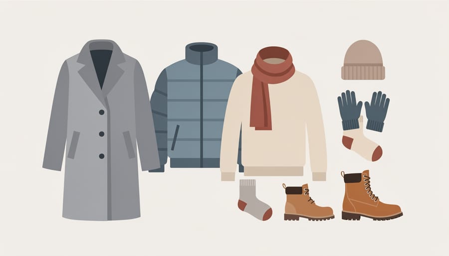Winter clothing and camera gear arranged on snow-covered ground