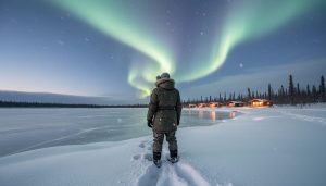 A bundled traveler in winter clothing stands on snowy tundra in Yellowknife, Canada, under the aurora borealis above an ice-covered lake.