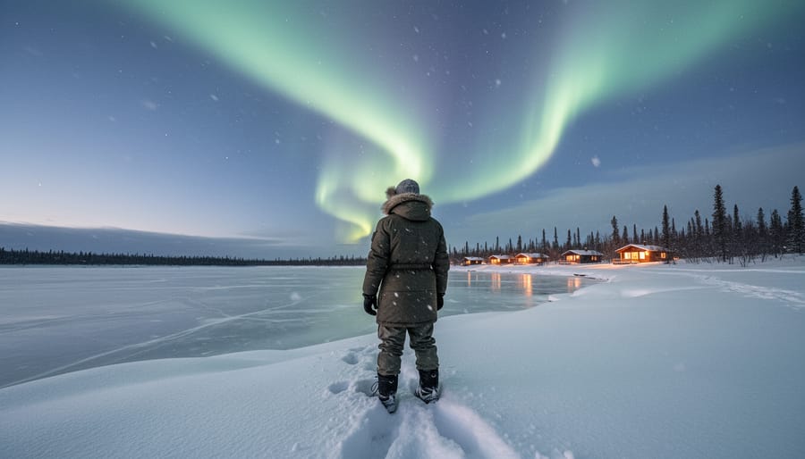 A bundled traveler in winter clothing stands on snowy tundra in Yellowknife, Canada, under the aurora borealis above an ice-covered lake.