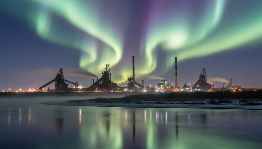 Aurora borealis over the industrial skyline of Fort McMurray at night