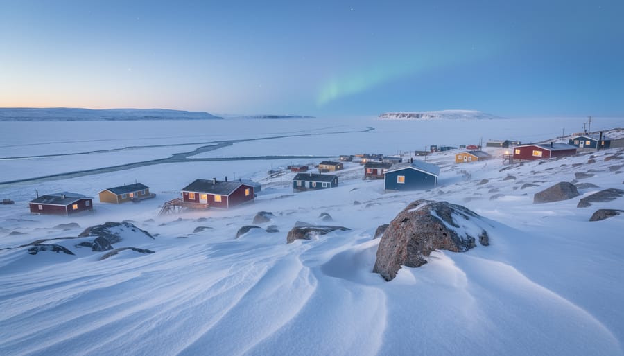 Snow-covered road under blue hour twilight in Iqaluit with distant buildings