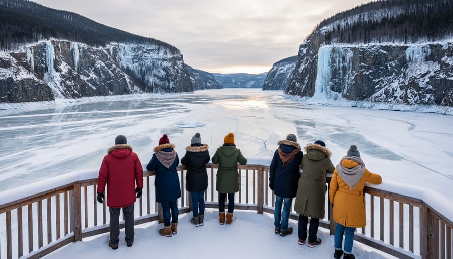 Visitors on a winter lookout overlooking the icy Saguenay fjord