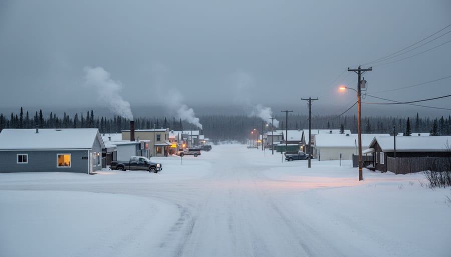 Snowy industrial street at dusk in Thompson, Manitoba