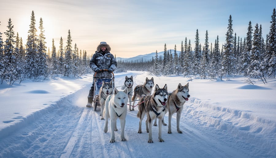 A musher with a dog sled team on a snowy path in Whitehorse