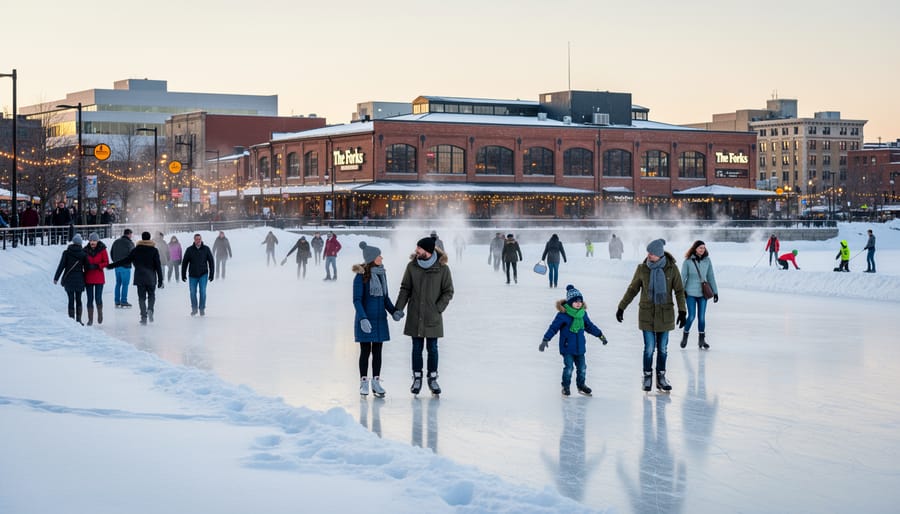 People skating on ice at The Forks in Winnipeg during winter