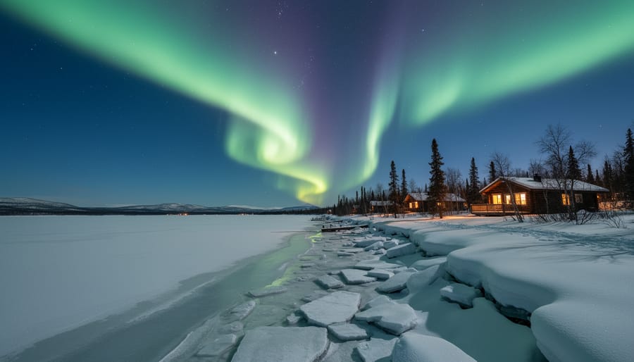 Aurora borealis over an ice-covered dock at Yellowknife at night